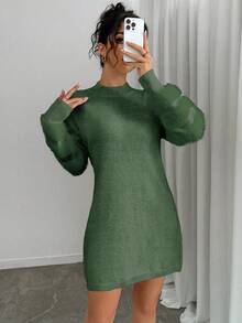 Elenzga Plus Size Solid Color Fitted Stand Collar Casual Versatile Long Sleeve Sweater Dress - Army Green - View 6