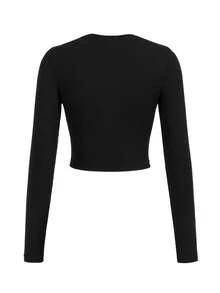 TOM & JERRY X SHEIN 女士休闲卡通字母印花长袖修身短款 T 恤，春/秋 - 黑色 - 查看 2