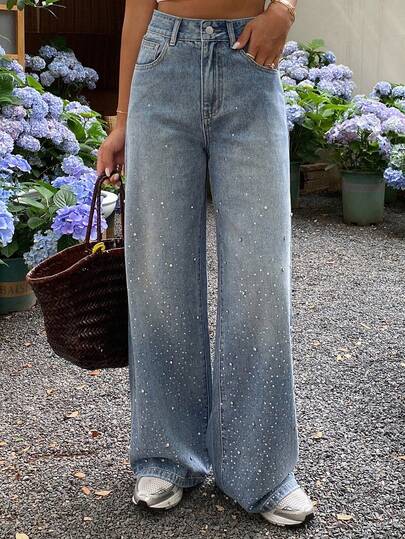 DAZY Jeans de moda casual con decoración de strass para adolescentes