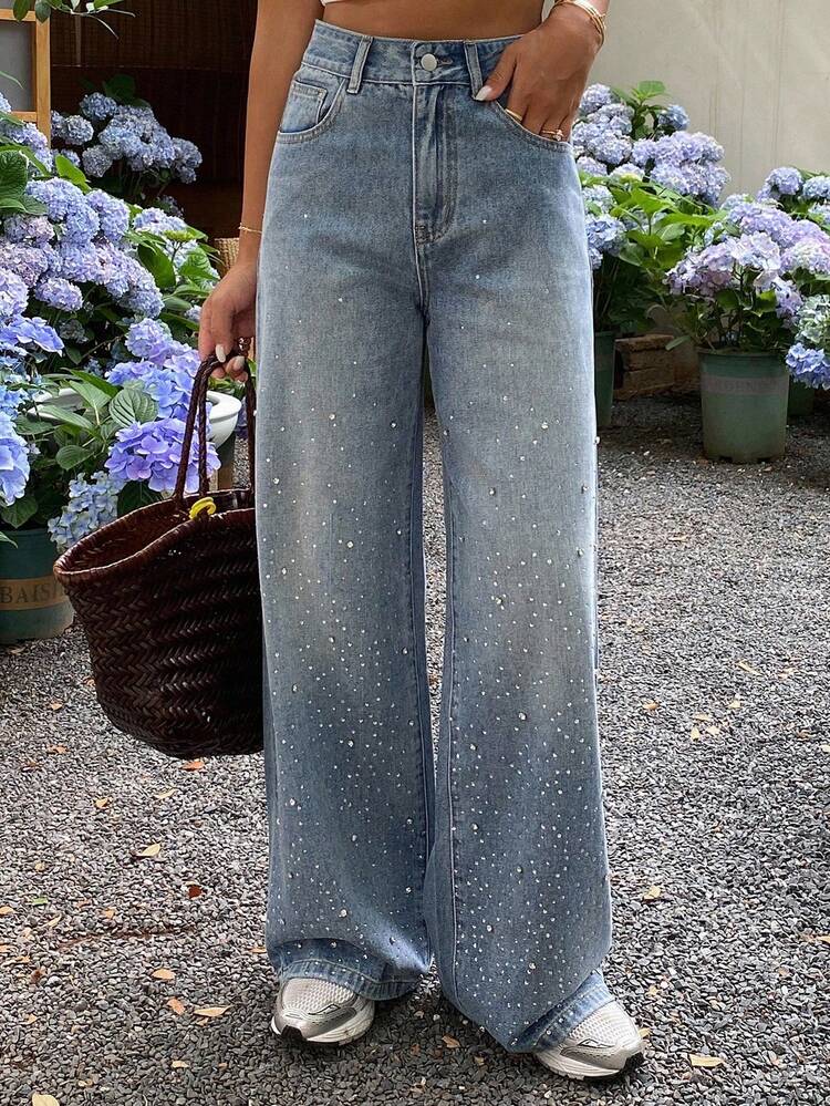 Teen Girl Rhinestone Decor Pocket Casual Fashion Jeans