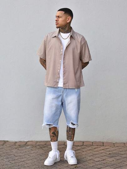 Devon Thys חולצת קיץ לגברים עם שרוולים קצרים משובצים וחזה אחד