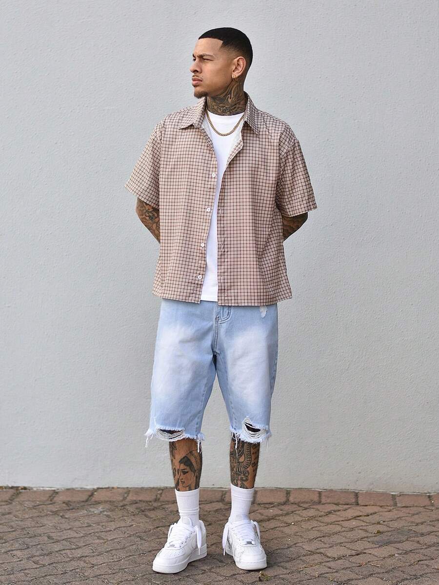 Devon Thys 男士格纹短袖单排扣休闲衬衫，夏季 - 咖啡棕 - 查看 1