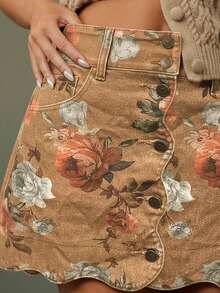 WESTFADE High Waist Scalloped Button Front 100% Cotton Denim Flower Print A Line Mini Jean Skirt Casual, Cute, Autumn, Winter, Boho, Western Wear For Women, Country Concert - Brown - View 4