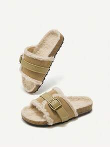 Autumn/Winter Fashion Versatile Casual Cute Funny Fleece Warm Anti-Slip Pastoral Retro Infant Flat Sandals For Toddler Girls - Apricot - View 5