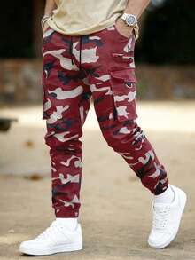 Manfinity Homme Men's Camouflage Print Casual Jogger Pants Men Cargos Men Army Pants Mens Jogger Men Camo Pants Camo Cargos - Burgundy - View 3