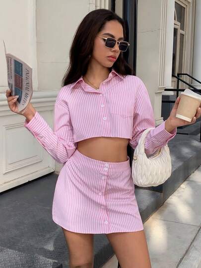 INAWLY Solva Striped Design Tall Fashion Outfit, Hassle-Free, Spring/Autumn Shirt And Skirt Set Cropped Shirts Summer Two Piece Set 2 Piece Casual Sets Woman Brunch 2 Piece Set