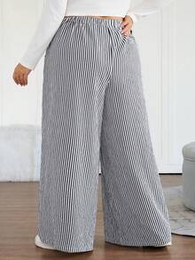 SHEIN CURVE+ Quần ống rộng kẻ sọc cạp chun co giãn cỡ lớn cho nữ, quần ống rộng kẻ sọc thường ngày cho công sở/2026/Năm mới - Đen và trắng - Xem 2