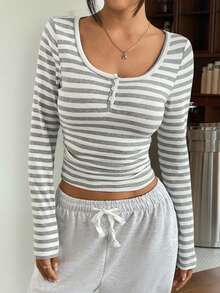 CovetEZ Women's New Arrivals Cotton-Feel Striped Half-Zip T-Shirt