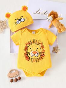 新生儿可爱狮子印花连体衣，带3D立体耳朵帽，短袖连体衣套装