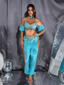 SHEIN Conjunto de 5 piezas: Pantalones de linterna exóticos, estilo de bailarina de Asia occidental princesa Jazmín - Azul - Ver 3