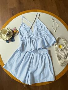 Women's Casual Blue Knitted Camisole And Shorts Set, Brand - 淺藍色 - 查看 2