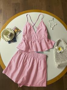 Comfortcana Bộ đồ thường ngày áo hai dây dệt màu đỏ và quần short cho nữ - Đỏ và trắng - Xem 5