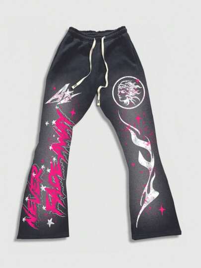 Street Life Pantalones holgados y casuales de deporte con cintura con cordón, estampado de lema y rostro