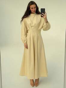 Aloruh 简约通勤立领收腰褶皱泡泡袖米色竹纤维棉 A 字裙女式 - 杏色 - 查看 3