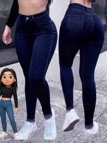 Jeans de cintura alta y ajuste ceñido lavados, Jeans de cintura alta y ajuste ceñido de elasticidad alta, Ropa de denim y ropa para mujeres, Jeans de denim ajustados para mujeres, Pantalones de denim para mujeres, Súper elásticos, Push up, Cintura alta, Estilo casual, Jeans azules ajustados y elásticos, Jeans de denim casuales - Azul Marino - Ver 1