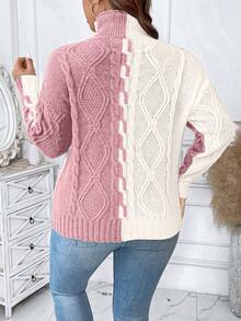 EMERY ROSE Plus Size Colorblock Stand Collar Sweater, Casual For Autumn/Winter - Pink - View 2