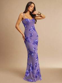 Silquee 女士3D立体花卉性感紧身吊带裙 - 淡紫色 - 查看 4