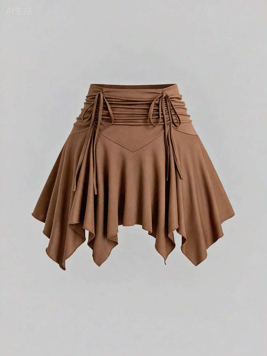 SHEIN Sweetro Váy suông màu trơn eo rút viền bất đối xứng cho nữ cỡ lớn - Màu Khaki - Xem 1