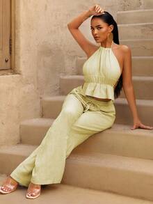 Sirith 女士度假纯色荷叶边吊带上衣和阔腿裤两件套 - 杏色 - 查看 3