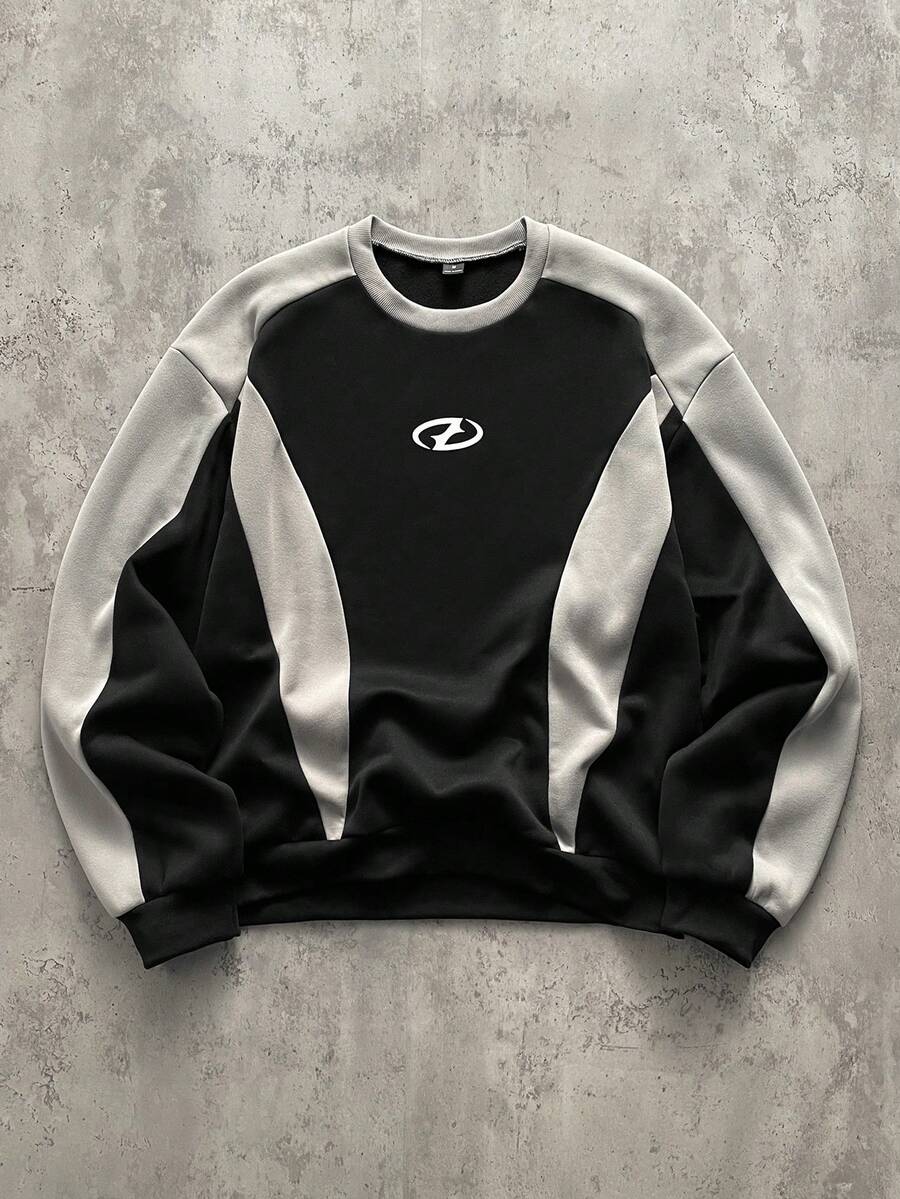 Manfinity EMRG 男士拼接印花套头衫，运动户外男士印花卫衣 - 黑色 - 查看 1