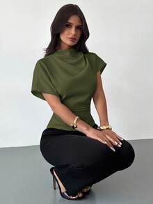 Firerie Crinkle Collar Asymmetrical Sleeve Side Ruched Waist Slim Fit Apricot Bamboo Fiber Fabric Blouse For Women, All Season Solid Color Tops Dark Green Top Olive Green Top Women Tops Elegant - Army Green - View 2
