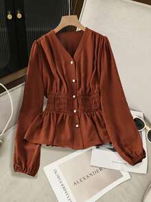 Modelyn 法式V领褶皱腰身修身长袖女式衬衫，秋季款