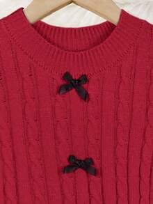 SHEIN 少女优雅圆领修身针织中长连衣裙，正面饰有撞色蝴蝶结，适合冬季穿着；纯红色长袖针织连衣裙 - 紅色 - 查看 5