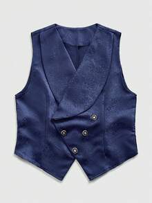 ROMWE MEN Men's Gothic Jacquard Double-Breasted Business Suit Vest - Blue - View 1