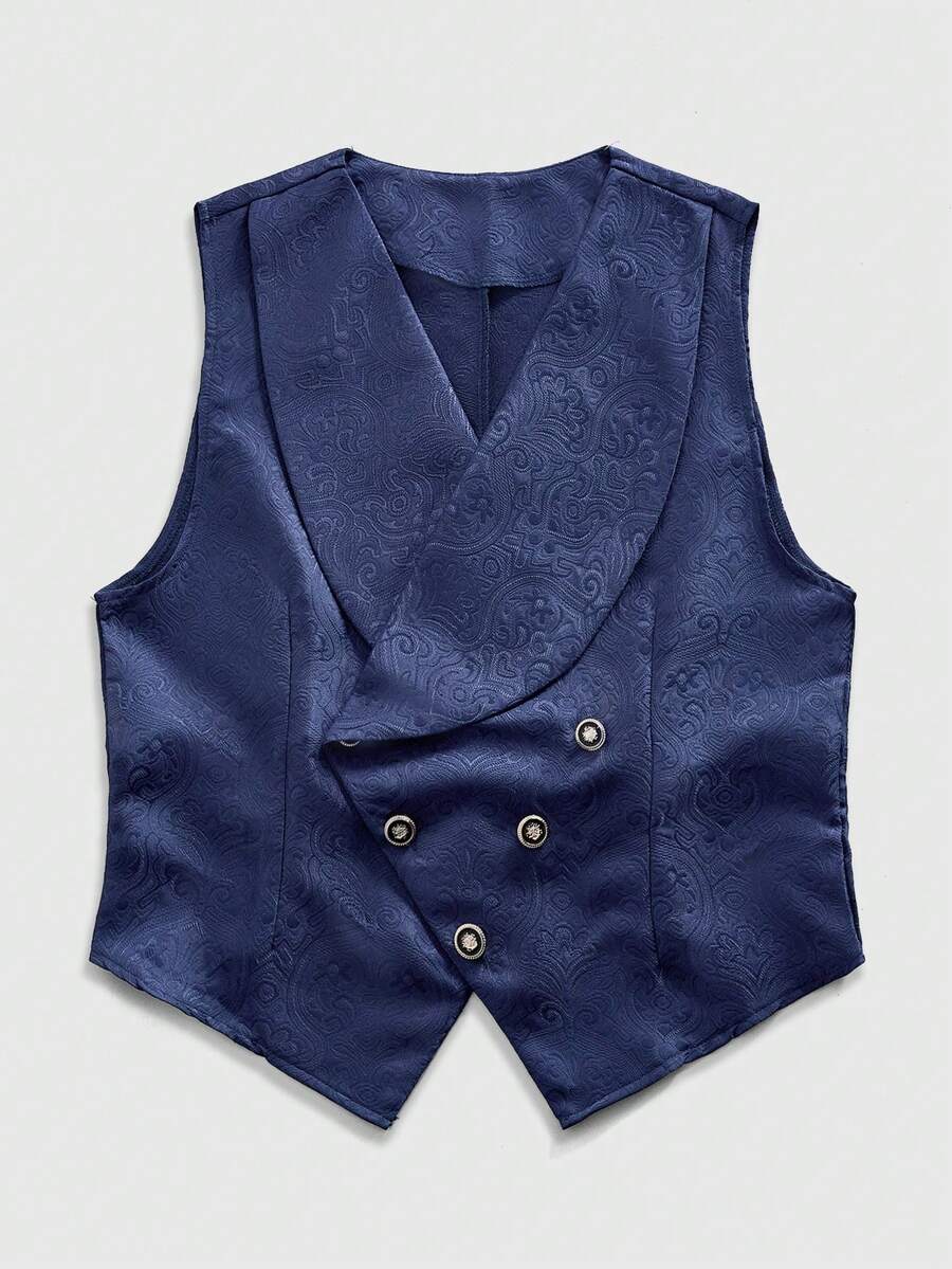 ROMWE MEN Men's Gothic Jacquard Double-Breasted Business Suit Vest - Blue - View 1