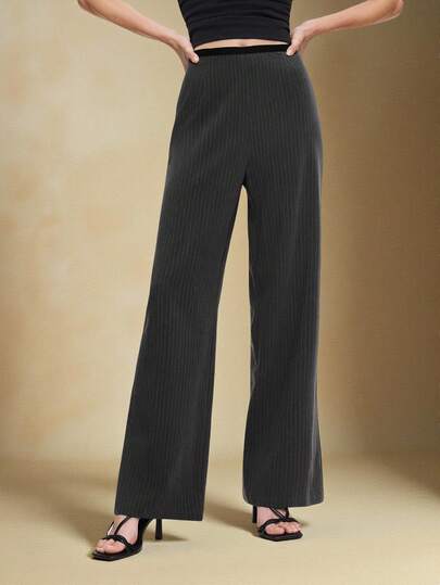 BizChic 2025 Autumn/Winter New Gray Striped Waist Contrast Splice Wide Leg Pants, Suit Pants, Vintage Chic Urban Commute Everyday Casual Romantic 90s Christmas New Year, Elegant Party Formal Beach Graduation Fashion, Versatile Simple Romantic, Suitable For Wedding Guest, Host, Date, Party, Concert, Stage Performance, Breakfast, Airport, Multi-Occasion
