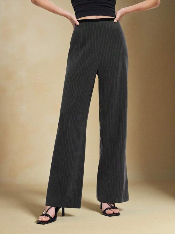 BizChic 2025 Autumn/Winter New Gray Striped Waist Contrast Splice Wide Leg Pants, Suit Pants, Vintage Chic Urban Commute Everyday Casual Romantic 90s Christmas New Year, Elegant Party Formal Beach Graduation Fashion, Versatile Simple Romantic, Suitable For Wedding Guest, Host, Date, Party, Concert, Stage Performance, Breakfast, Airport, Multi-Occasion