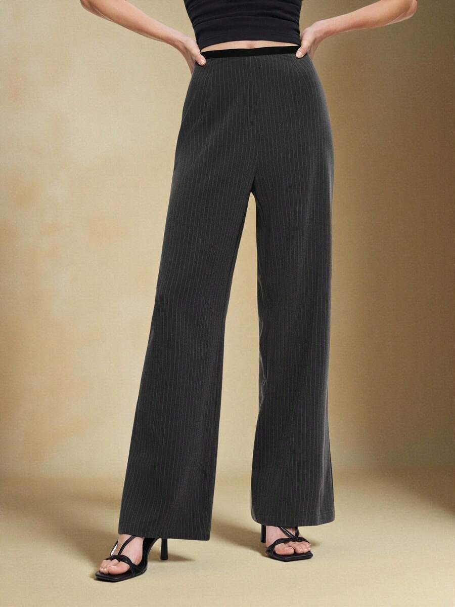 BizChic 2025 Herbst/Winter Neue graue gestreifte Hose mit Taillenkontrastbesatz und weitem Bein, Anzughose, Vintage Chic Urban Pendler Alltags Lässig Romantisch 90er Weihnachten Neujahr, Elegante Party Formell Strand Abschluss Mode, Vielseitig Romantisch, Geeignet für Hochzeitsgäste, Gastgeber, Date, Party, Konzert, Bühnenauftritt, Frühstück, Flughafen, Mehrzweck - Dunkelgrau - Übersicht 1