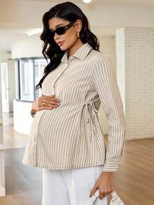 MaterniWear 春季女士办公室、商务孕妇工作休闲衬衫，秋季条纹侧系腰长袖休闲棉质衬衫 - 卡其色 - 查看 9