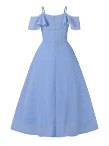 少女款，优雅蓝色吊带露肩雪纺长裙，适合晚宴、派对、圣诞节、万圣节、婚礼、舞会、毕业典礼、返校季及其他场合。 - 藍色 - 查看 2