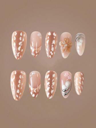 Anime 10 pezzi Unghie finte di alta qualità con fiocco carino, nota musicale, elemento a stella, realizzate a mano + 3 pezzi di adesivo biadesivo, Adesivi per arte di unghie rimovibili con catena di strass stile francese Y2K a pois, adatti per vacanze, feste, ballo e uso quotidiano