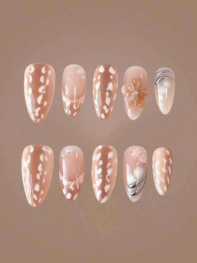 Anime 10 piezas de uñas postizas de alta calidad con diseños de moño, nota musical y estrella, hechas a mano + 3 piezas de adhesivo doble cara, pegatinas de arte de uñas con cadena de cristal, estilo francés Y2K con lunares, removibles, adecuadas para vacaciones, fiestas, baile y uso diario