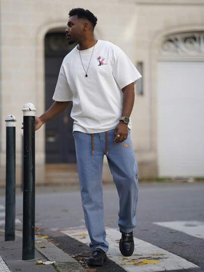 Heavens Edit Erkekler Günlük Giyim İçin Bağcıklı Elastik Bel Yıkanmış Kot Pantolon