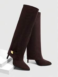 CUCCOO SZL Sepatu Bot Wanita Ujung Lancip dengan Dekorasi Logam, Modis, Hak Tinggi di Atas Lutut, Cocok untuk Natal dan Musim Semi. - Coffee Brown - View 5