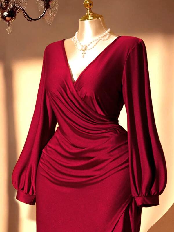 Rometta Plus Size Women's V-Neck Long Sleeve Ruched Waist Irregular Hem Split Midi Dress, Burgundy, Slimming, Elegant, Versatile For Party, Date, Work