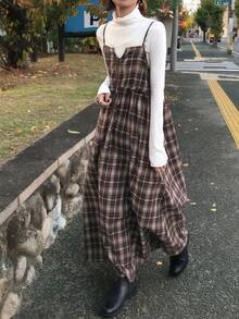 FRIFUL 女士休闲日常通勤学院风印花拉链前开襟纸袋腰吊带中长连衣裙，春夏秋季连衣裙