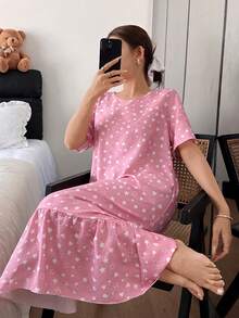 SHEIN Women's Romantic & Fresh Star & Heart Print Loose Knit Ruffle Hem Long Nightgown - Pink - View 1