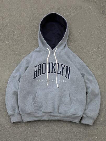 Manfinity Homme 男士超大款字母印花抽绳连帽衫，长袖上衣