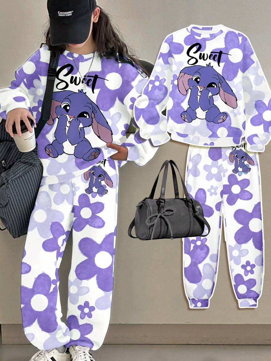 SHEIN Leap Crew 可爱卡通紫色兔子和渐变色花卉,青少年女孩休闲宽松圆领舒适长袖套头衫和运动裤套装,适合秋冬季 - 彩色 - 查看 1