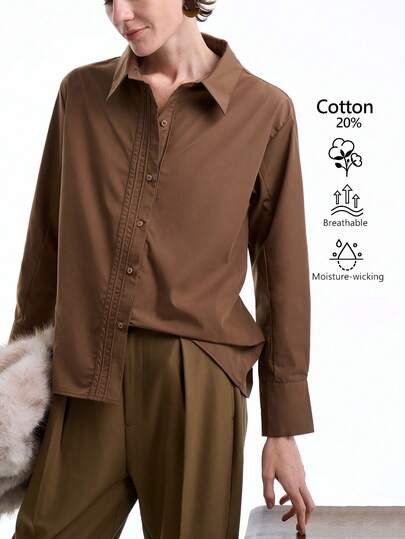 Aalyst Women's Solid Color Shirt Collar Open Front Button Placket Bud Line Decor Adjustable Waist Mocha Brown Casual Blouse, Elegant And Versatile For Commute, Vintage French Street Style, Minimalist All-Match, Suitable For Autumn/Winter