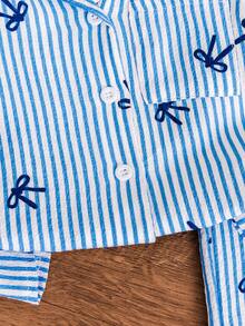 SHEIN Conjunto de ropa casual de camisa de manga larga a rayas con lazo para bebé niña, recién nacido, bebé y niña pequeña de 0 a 3 años, adecuado para usar en casa y al aire libre en otoño/invierno