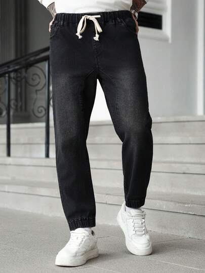 Manfinity Homme Jeans casuales versátiles rectos y holgados con cintura con cordón y bolsillos para hombre