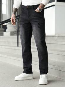Manfinity Homme Men's Pocket Distressed Straight Loose Casual Versatile Jeans - Black - View 3
