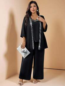 SHEIN LUNE 三件套亮片拼接无袖上衣、七分袖外套和裤子，大码派对套装 - 黑色 - 查看 10