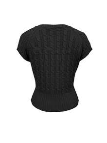 Chiquease 新款复古编织镂空设计单排扣针织上衣 - 黑色 - 查看 2