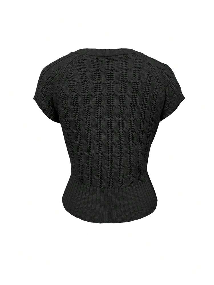 Chiquease 新款复古编织镂空设计单排扣针织上衣 - 黑色 - 查看 2